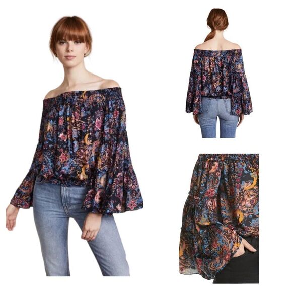 Free People Free Spirit Off Shoulder Top Blouse Bell Sleeves Boho Floral Women S - Picture 1 of 6